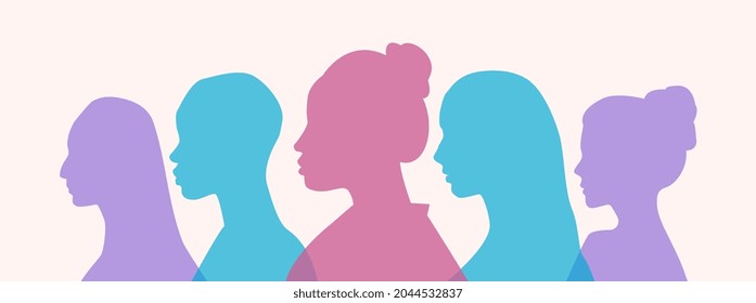 Set of colorful silhouette of college female students or schoolchildren on pastel background. Concept of young students or teenagers as a team. Flat cartoon vector illustration