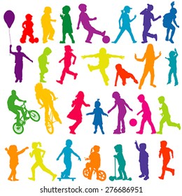 Set of colorful silhouettes of active children