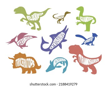 Set of colorful silhouettes of dinosaurs with lettering. vector illustration.
