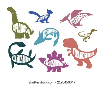 Set of colorful silhouettes of dinosaurs with lettering. vector illustration.
