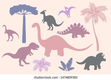 Set of colorful silhouettes of dinosaurs on pink background, stegosaurus, Triceratops, Tyrannosaurus, Brontosaurus, pterodactyl and others