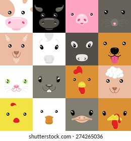 Set Of Colorful Simple Animal Faces