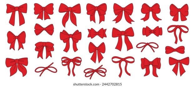 Set of colorful simple decorative holiday ribbon bows for gifts, for decorating hair on transparent background. For gift wrapping for birthday, Christmas, New Year. Isolated Flat Vector EPS10