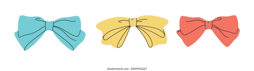 Set of colorful simple decorative holiday ribbon bows for gifts, for decorating hair on white background. For gift wrapping for birthday, Christmas, New Year. Isolated Flat Vector EPS10