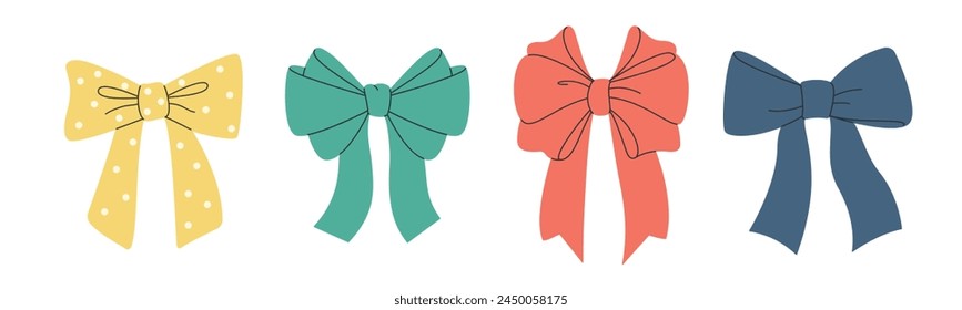 Set of colorful simple decorative holiday ribbon bows for gifts, for decorating hair on white background. For gift wrapping for birthday, Christmas, New Year. Isolated Flat Vector EPS10