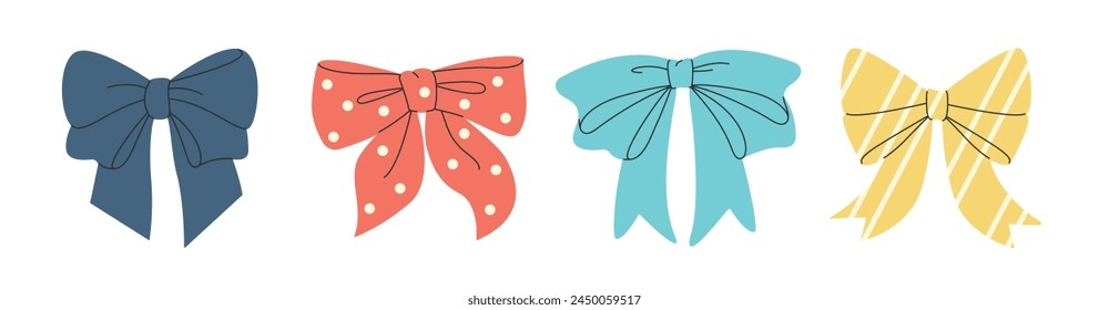 Set of colorful simple decorative holiday ribbon bows for gifts, for decorating hair on white background. For gift wrapping for birthday, Christmas, New Year. Isolated Flat Vector EPS10