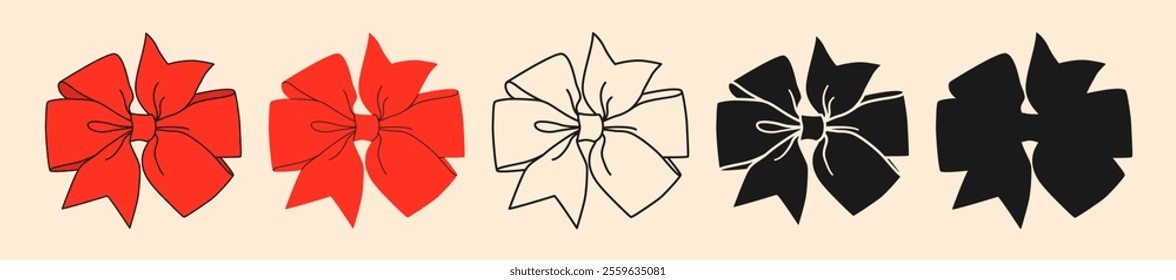 Set of colorful simple decorative holiday ribbon bows for gifts, for decorating hair on white background. For gift wrapping for birthday, Christmas, New Year. Isolated Flat Vector EPS10