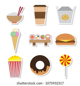 Set of colorful simple fast food stickers flat icons on white background vector illustration