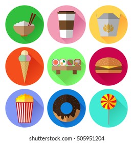 Set of colorful simple fast food flat icons with long shadows on circles vector illustration