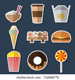 Set of colorful simple fast food stickers flat icons vector illustration