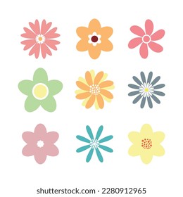 Set of colorful simple flowers, flower icons, flat vector design