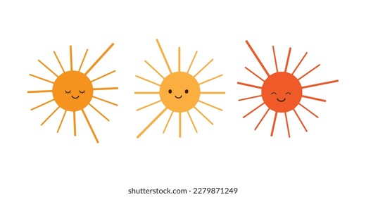 Conjunto de iconos solares coloridos simples divertidos y sonrientes aislados en fondo blanco - Caracteres de dibujos animados Cuto Diseño Elemento Clip-Art - Ilustración vectorial