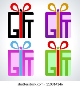 Set of colorful and simple gift icons with gift word. Vector illustration.