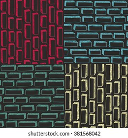 Set of colorful simple patterns with bricks in doodle stile. Vector collection of backgrounds.