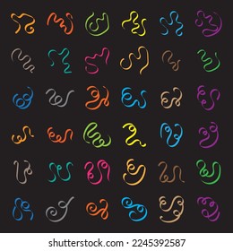 Set of colorful simple ribbon waving isolated vector illustration on black background.