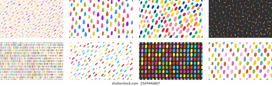 Set of colorful simple seamless pattern with small dashes. Hand drawn noise texture.