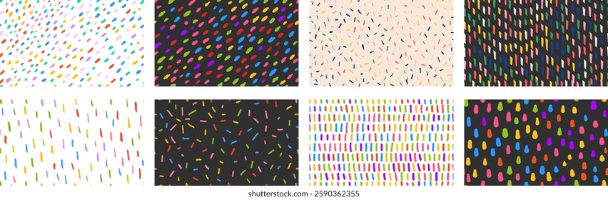 Set of colorful simple seamless patterns with small black lines. Hand drawn noise texture.