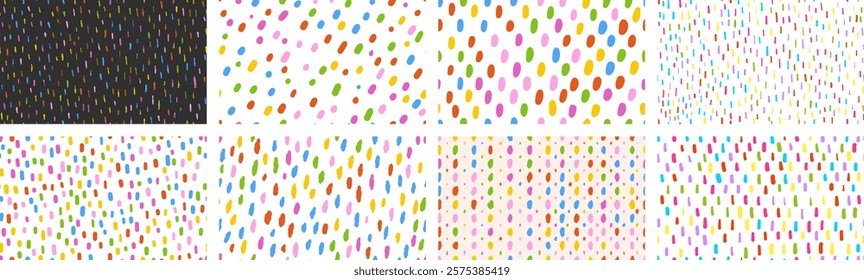 Set of colorful simple small dash seamless pattern. Hand drawn noise texture.