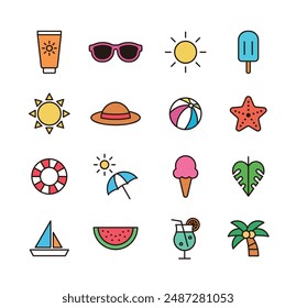 Un conjunto de ilustraciones de iconos de concepto de verano coloridas y simples. Helado, sandía, estrella de mar, sol, tubo, sombrilla, protector solar, gafas de sol, palmera, bebida, barco, sombrero.