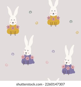 Set of colorful sitting rabbit characters with pink flowers. Happy beautiful background.