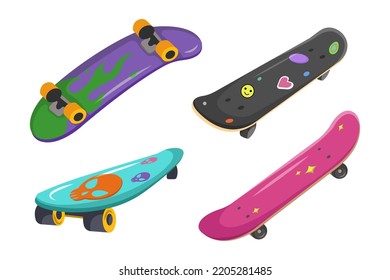 Set of colorful skateboards in cartoon style. Vector illustration of hobby, active lifestyle, sports, summer fun on white background.