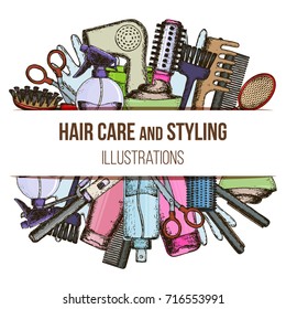 Set of colorful sketch equipments for styling and hair care. Products and tools for home remedies of hair care. Vector