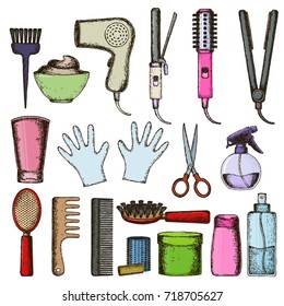 Set of colorful sketch equipments for styling and hair care. Products and tools for home remedies of hair care. Vector