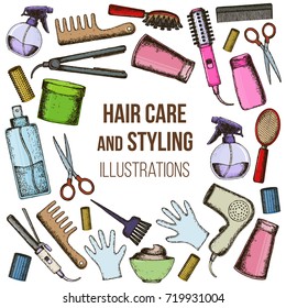 Set of colorful sketch equipments for styling and hair care. Products and tools for home remedies of hair care. Vector