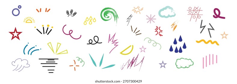 Conjunto de elemento de línea de boceto colorido, círculo de estilo de boceto de doodle dibujado a mano de estrella, lindo conjunto de Vector de doodle dibujado a mano. Ilustración vectorial	
