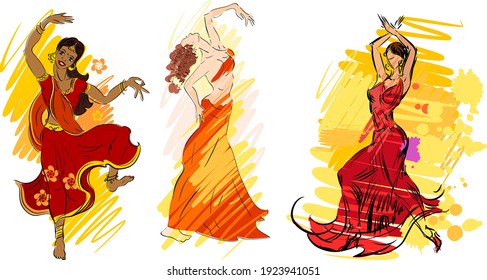 Set of colorful sketches with flamenco, indian and oriental dancers