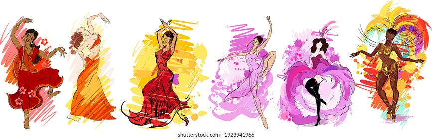 Set of colorful sketches with flamenco, indian, oriental, cancan, samba and contemporary dancers