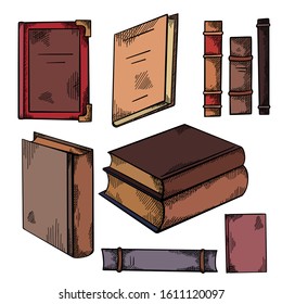 Set of colorful sketches of various old books with shading. Front and side view. Notebooks. Library and bookshelves. Engraving vector element for cards, labels and your design.