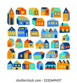 Set of colorful skew uneven houses with windows, doors, roofs. Flat design hemes, cute kids style city. Orange, yellow, blue green. Funny childish asymmetric collection with buildings. Small town.