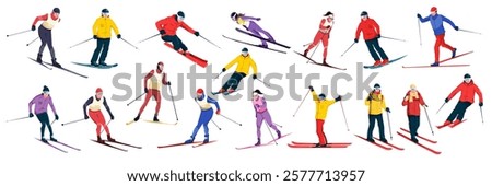 Set of colorful skiers in different dynamic poses on white background. Vector illustration