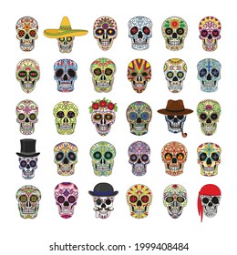 Set of colorful skulls for the day of the dead. Illustrations in the Mexican style for creating stickers, tattoos, prints.