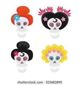 Set with colorful skulls for day of the dead. Sugar skulls for mexican day of the dead. Cute skulls and flowers in a cartoon style.