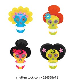 Set with colorful skulls for day of the dead. Sugar skulls for mexican day of the dead. Cute skulls and flowers in a cartoon style.