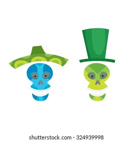 Set with colorful skulls for day of the dead. Sugar skulls for mexican day of the dead. Cute skulls with sombrero and topper in a cartoon style.