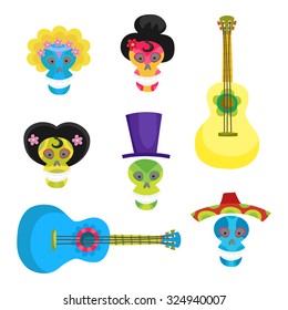 Set with colorful skulls for day of the dead. Sugar skulls for mexican day of the dead or halloween. Cute skulls and flowers in a cartoon style.