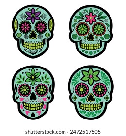 Set of colorful skulls isolated on white background. The day of the Dead. Dia de los Muertos. Vector illustration