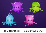 Set of colorful slime monsters. Cute happy  octopus baby type isolated on violet background. Vector illustration.