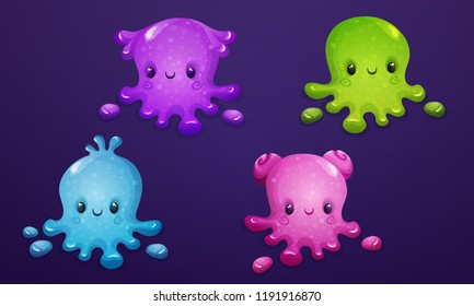 Set of colorful slime monsters. Cute happy  octopus baby type isolated on violet background. Vector illustration.