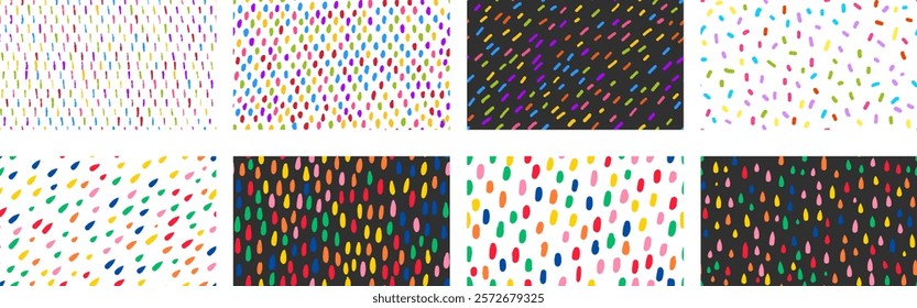 Set of colorful small dash seamless patterns. Vector wallpaper with spots texture