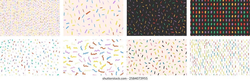 Set of colorful small dash seamless patterns. Hand drawn noise texture.