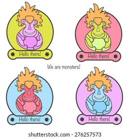 Set of colorful small smiling monsters, vector isolated illustration, stickers, cartoon characters