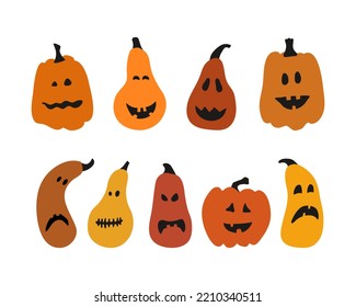 A set of colorful smiling pumpkins for halloween.