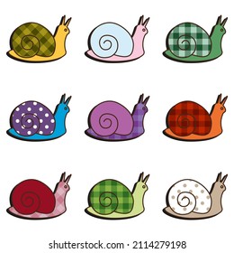 a set of colorful snails on a white background