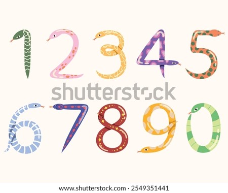 Set of colorful snake shaped numbers design, 0-9 numbers. Snake shaped numbers decorative.
