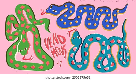 Set of colorful Snakes. Poisonous snake silhouettes. Quirky, unique style. Chinese New Year 2025, year of the Snake. Hand drawn Vector illustration. Isolated elements. Print, design, tattoo idea