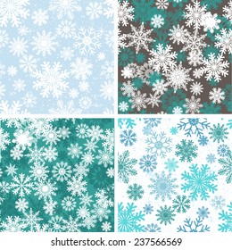Set of colorful snowflakes seamless backgrounds. For Christmas wallpaper, winter pattern fills, textile and web page background.Vector illustration.